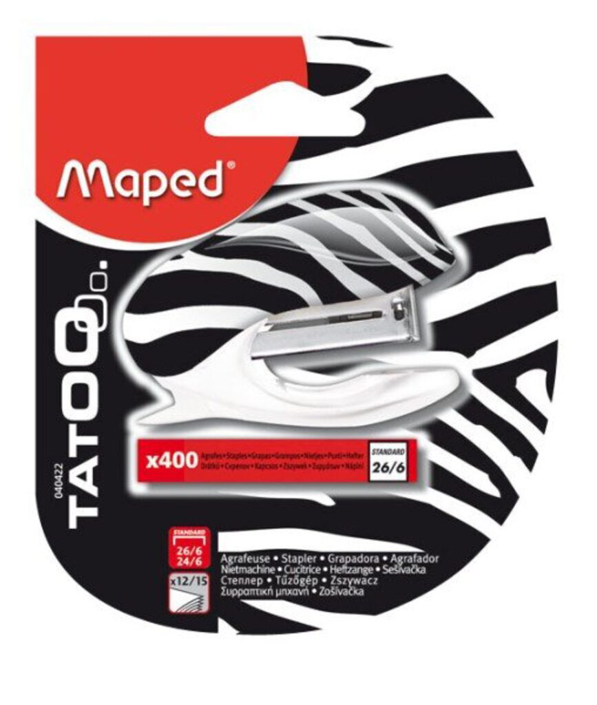 Степлер MAPED №24/6 и 26/6 на 15 листов, МИНИ, + 400скоб, антистеп., рис. "зебра"