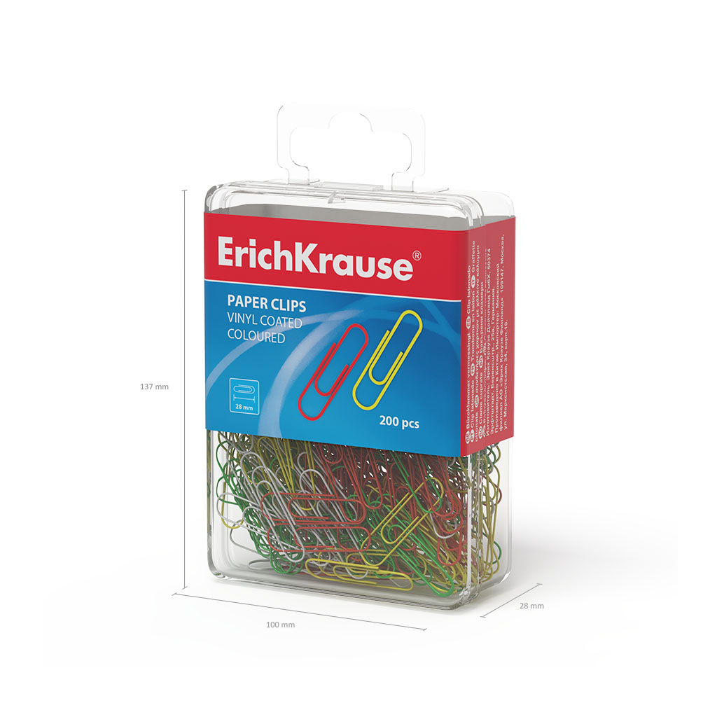 Скрепки металлические с виниловым покрытием ErichKrause Classic, 28мм, ассорти (в пластиковой коробке по 200 шт.)