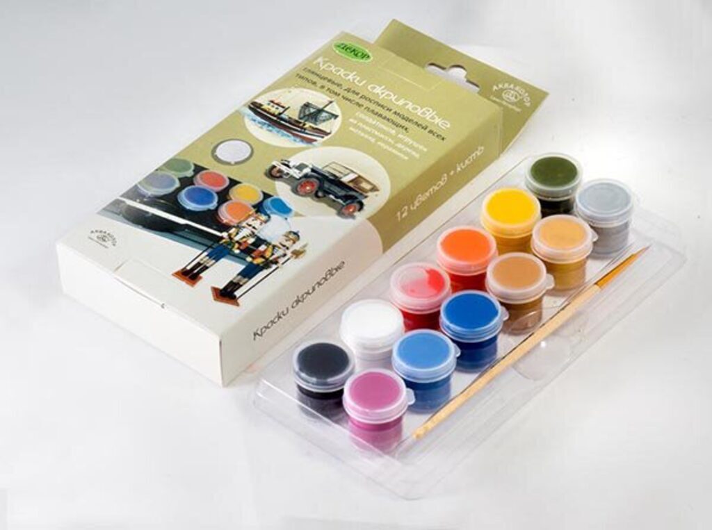 Краски акрил для росписи моделей 12цв, 48мл, глянцевые, с кистью