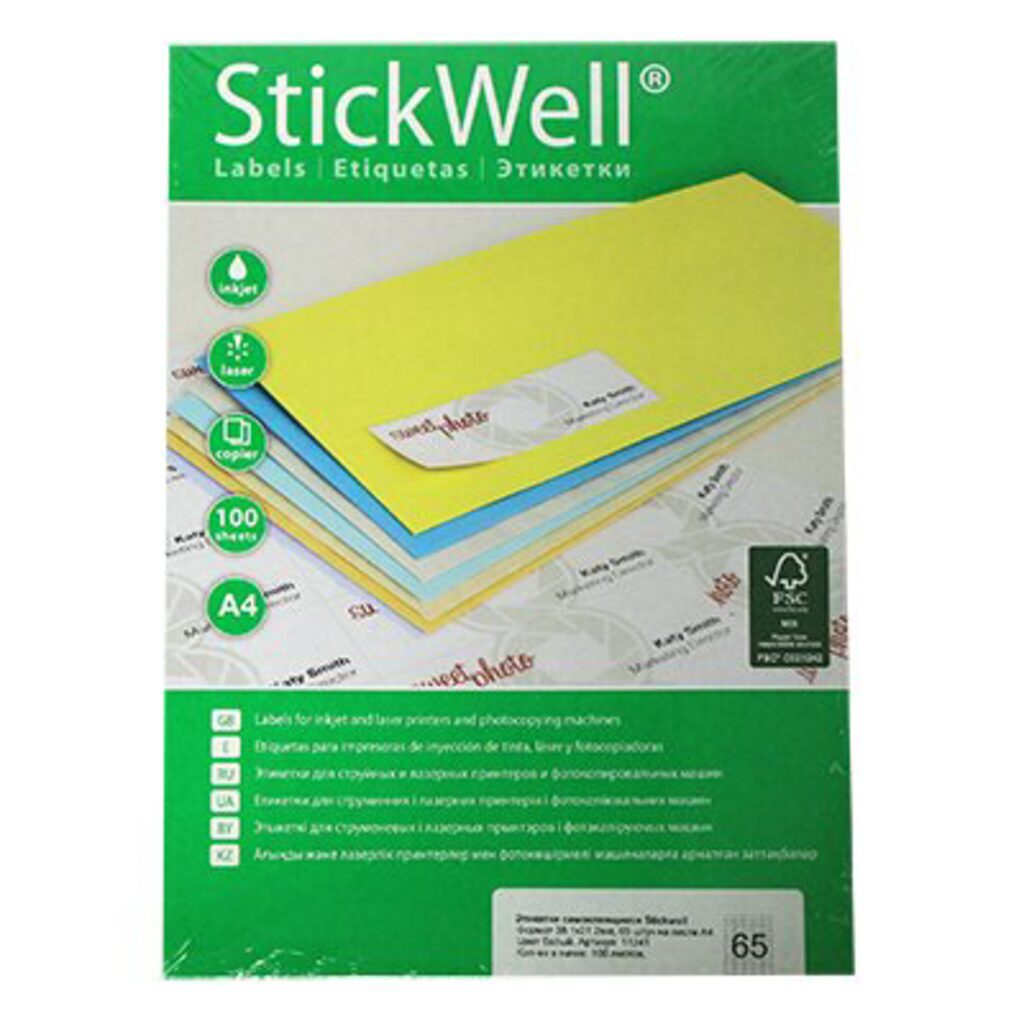 Этикетки самокл. StickWell лист А4, 38х21,2мм, белые, 100 листов, 65 эт/л