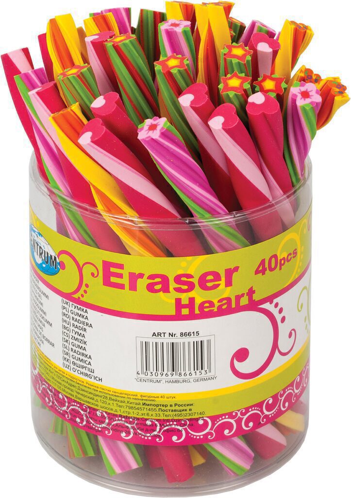 Ластик  Цветы и сердца, в форме спирали, можно резать, в стакане