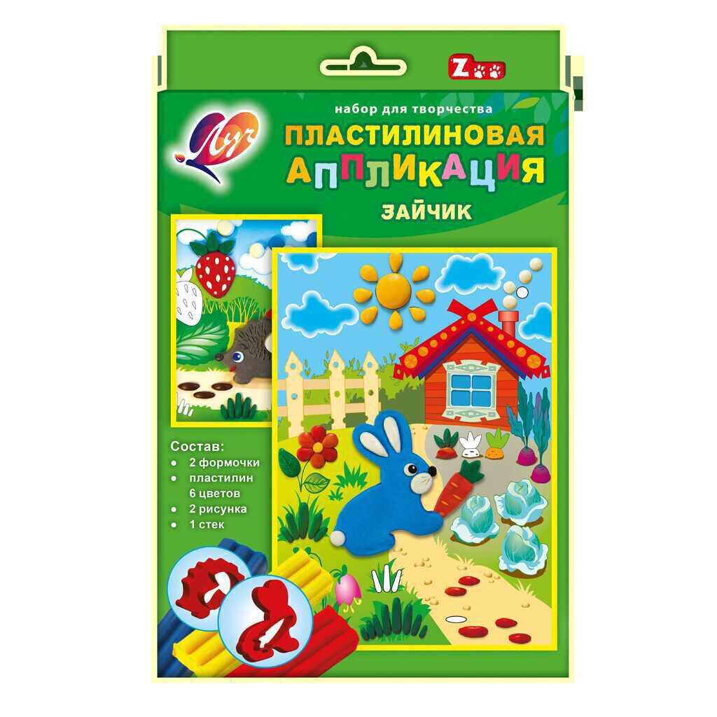 Аппликация из пластилина "Зайчик" пластилин 6цв, цв.рисунок 2шт, формочки 2шт, стек 1шт
