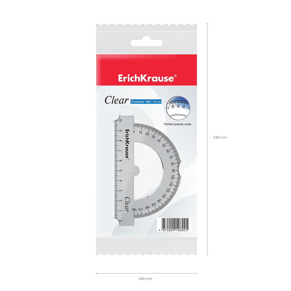 Транспортир пластиковый ErichKrause® Clear, 180 градусов, 10 см, прозрачный (в блистере)