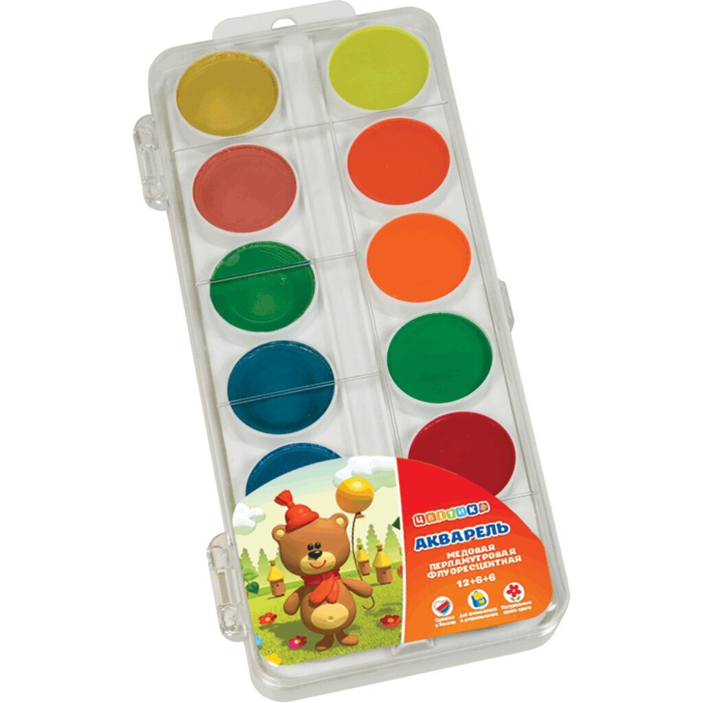 Акварельные краски 24цв. Цветик, классические -12 цв., перламутровые - 6 цв.,флуоресцентные- 6 цв