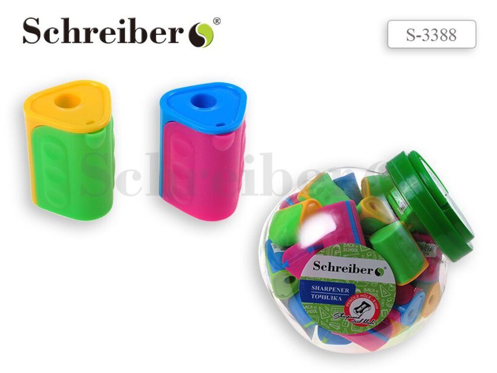 Точилка пласт. 1 отв.  АССОРТИ 34*27мм., трехгранная, в банке