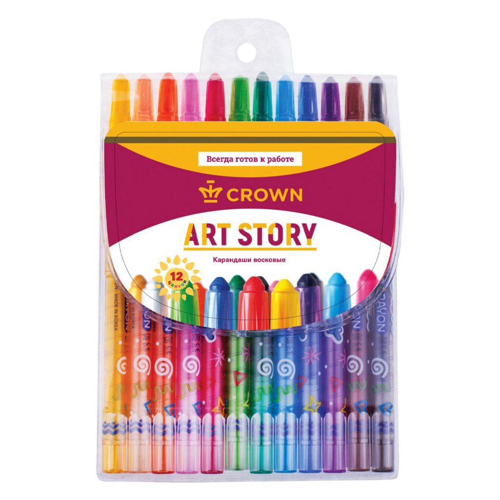 Карандаши восковые CROWN 12цв. "ArtStory" выкруч.стержень, упак. ПВХ