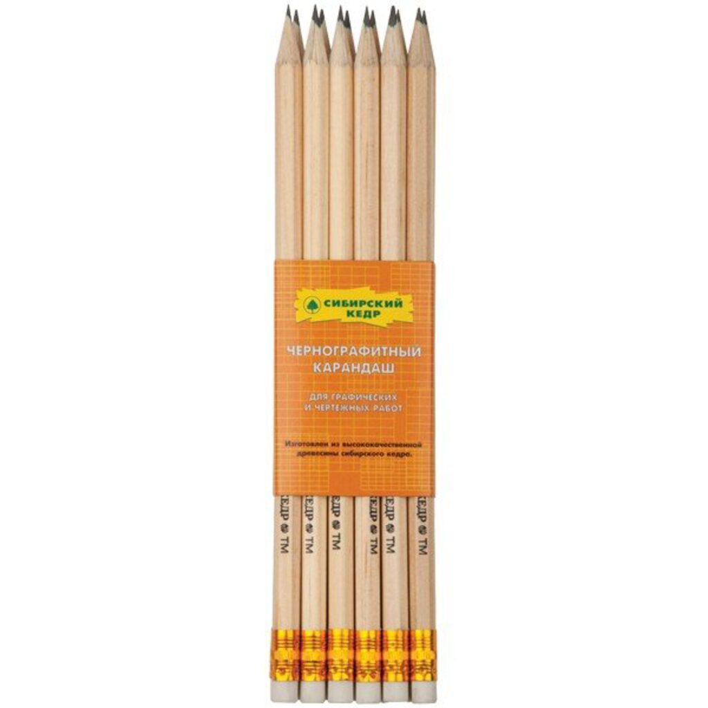 Карандаш Сибирский Кедр ТМ, шестигранный, d=6,9мм, с ластиком
