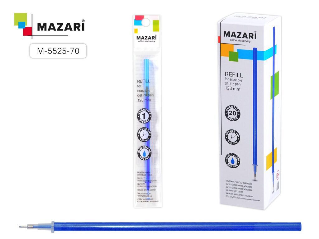 Стержень гелевый стираемый MAZARI синий, 0,5мм, 128мм, для ручки М-5524