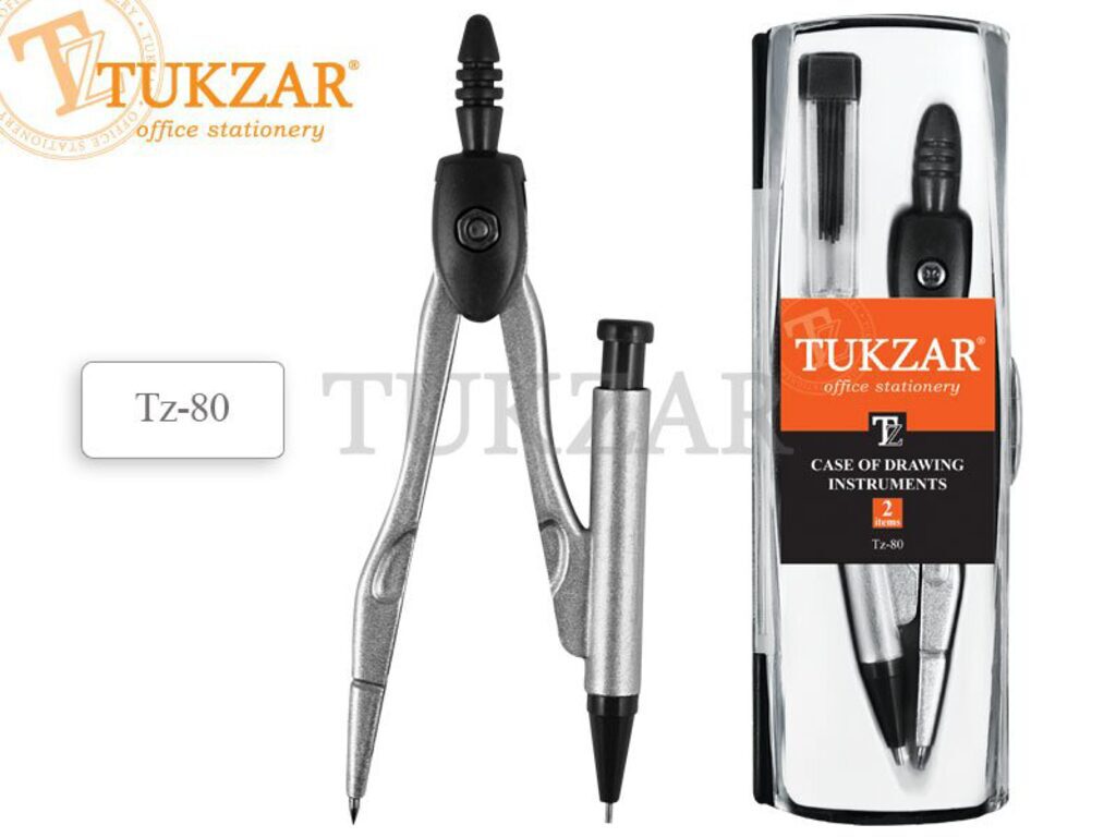 Готовальня TUKZAR 2 предмета (циркуль козья ножка с мех. кар.+зап. грифель в футляре)