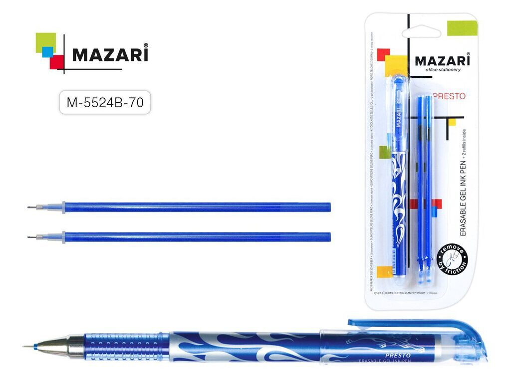 Набор ручка гелевая стираемая + 2 стержня MAZARI "Presto" синяя, 0,5мм