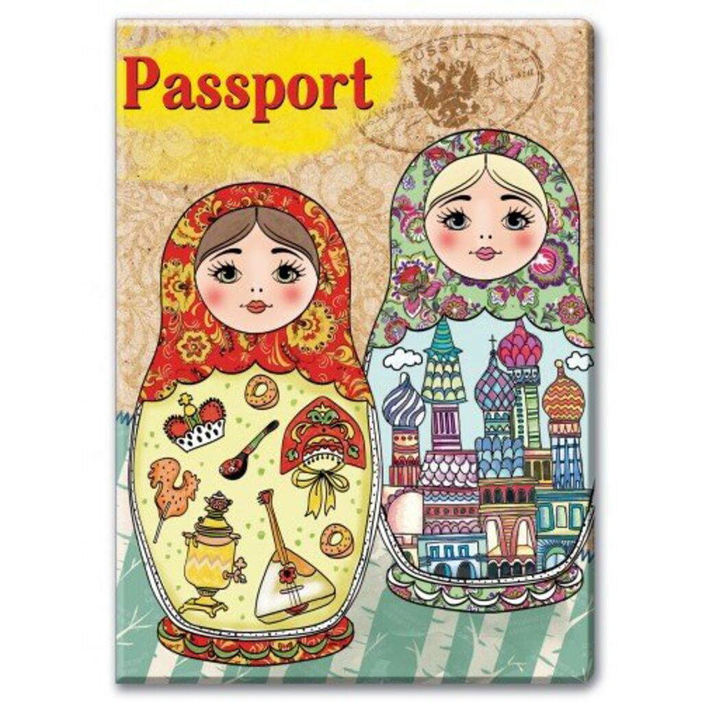 Обложка для паспорта "Две матрёшки" ПВХ, 13,3*19,1см.