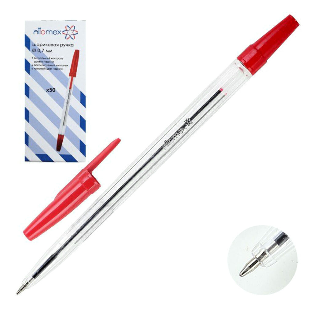 Ручка шар. Attomex, 0,7мм, красная, прозрачный корпус