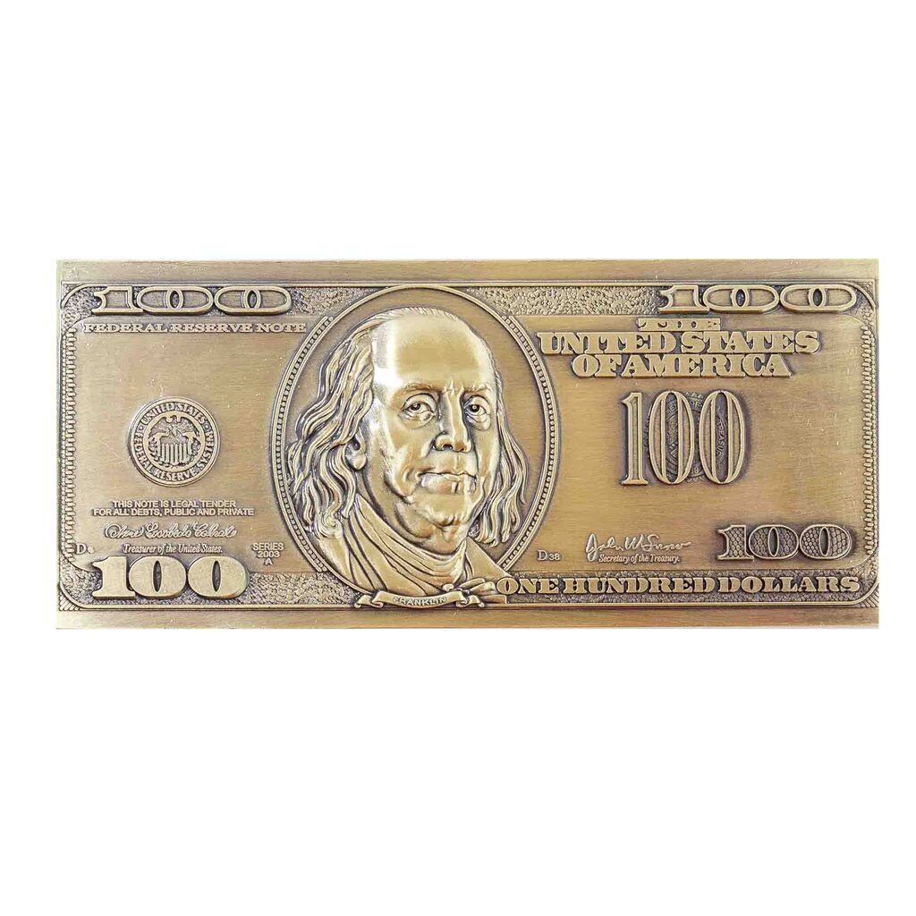 Магнит сувенирный  12*5см "100 долларов", рельеф, металл, бронза