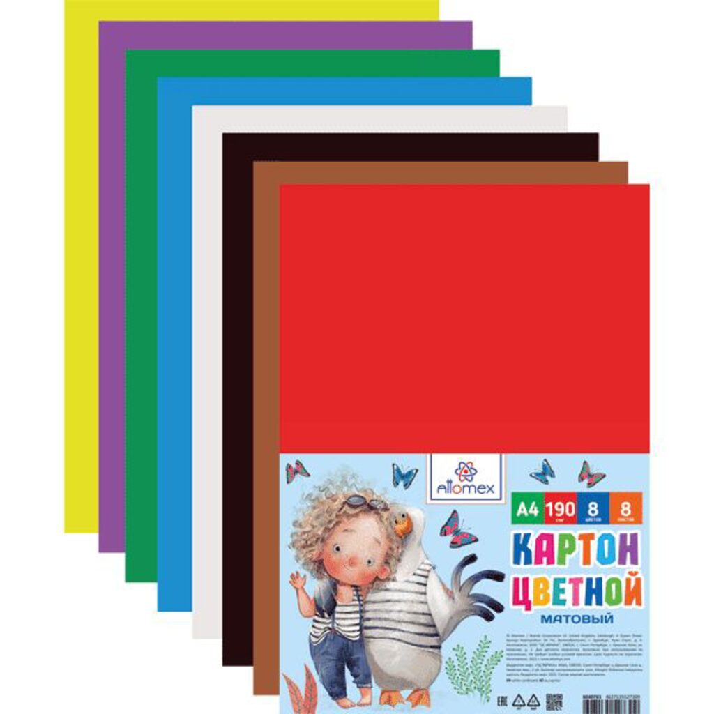 Картон цв. А4  8цв.  8л. немелов., одностор., пл. 190 гр/м2, в папке