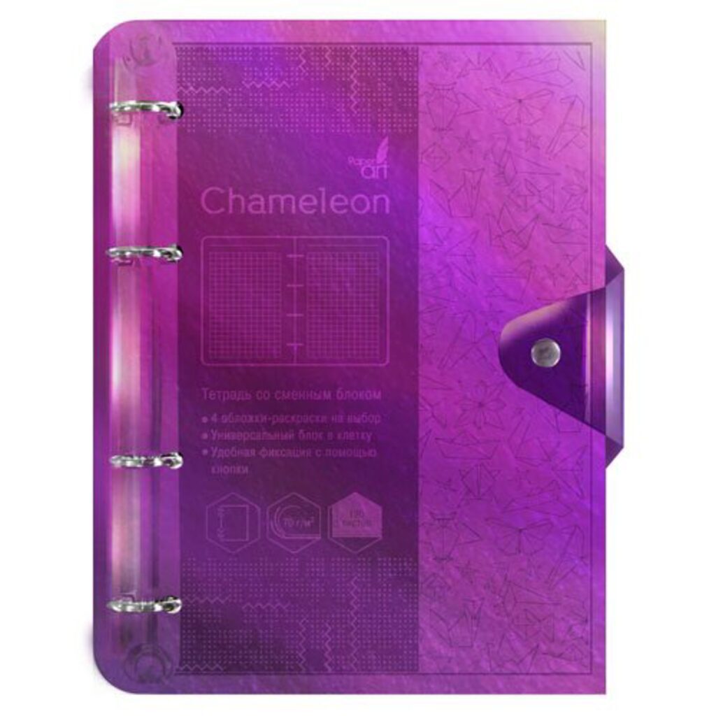 Тетрадь А5 на кольцах 120л кл. Chameleon. Фиолетовый, 4 раскраски, на кнопке