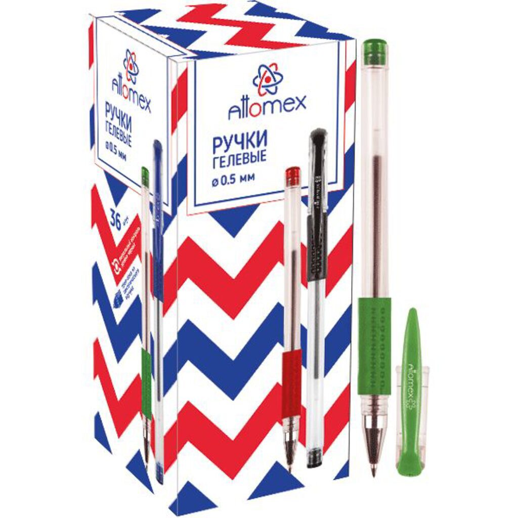 Ручка гелевая Attomex 0,5мм, каучук. держатель., зеленая