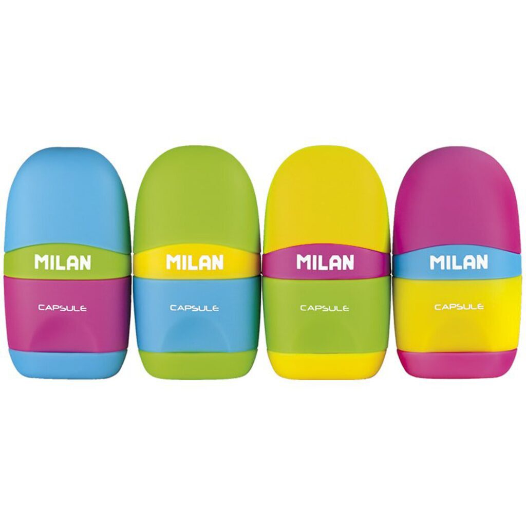 Точилка пласт. с контейнером  2 отв. Capsule Mix + ластик, ассорти