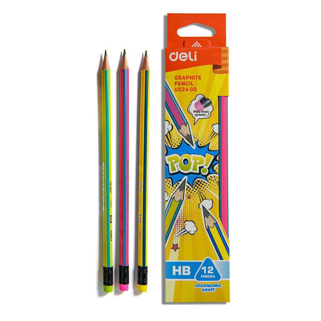 Карандаш Deli HB шестиграннный, с ластиком, ассорти