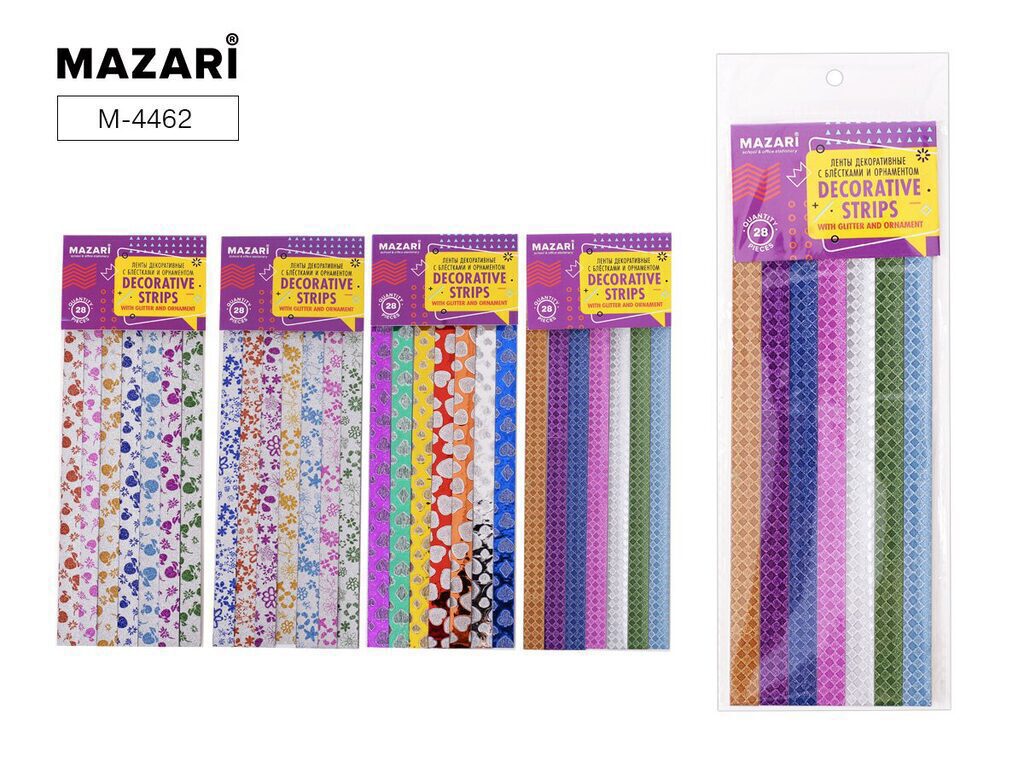 Ленты декоративные с блёстками и орнаментом, 28шт, бумажные, ассорти