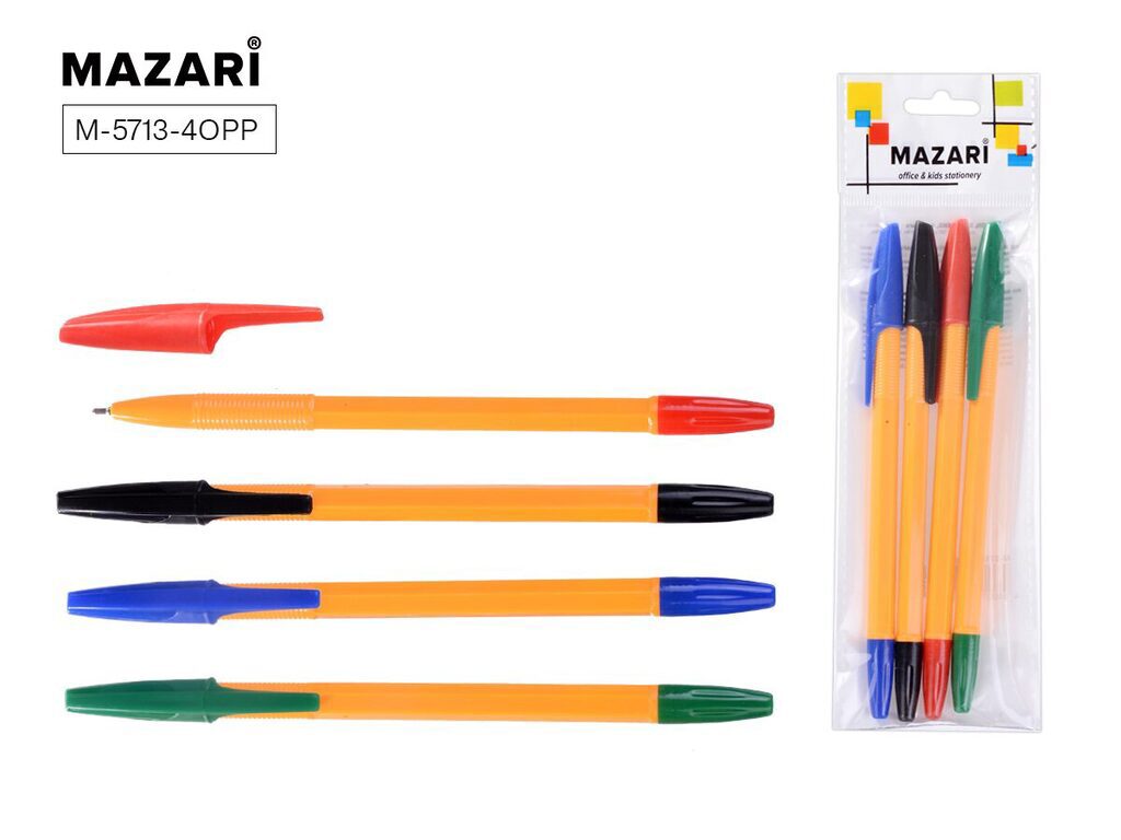 Набор ручек шар. MAZARI ULTRA   4 цв., игольч.након, 1,0мм, масл.основа (син, черн, красн, зел)