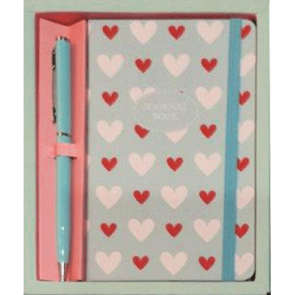 Набор подарочный "Голубой с сердечками" записная книжка А6 (90*140мм), 160стр.,7БЦ + шар.ручка